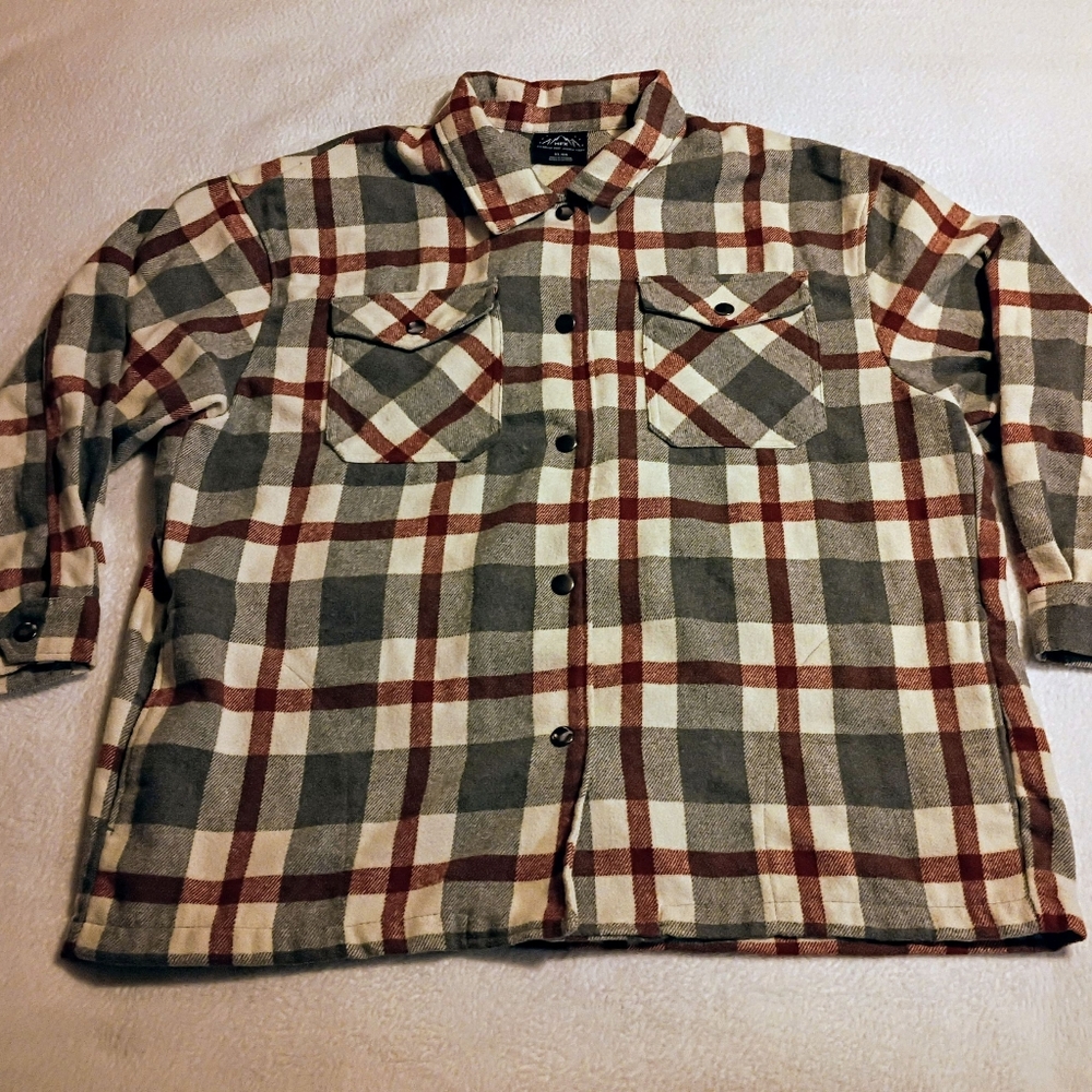 HFX Heavy Fleece Plaid Shacket Men's XL Burgundy Gray Button-Up Jacket Overshirt